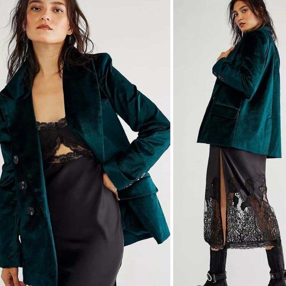 NEW Free People Jade Green Velvet Ashby Double Breasted Oversized Blazer Small